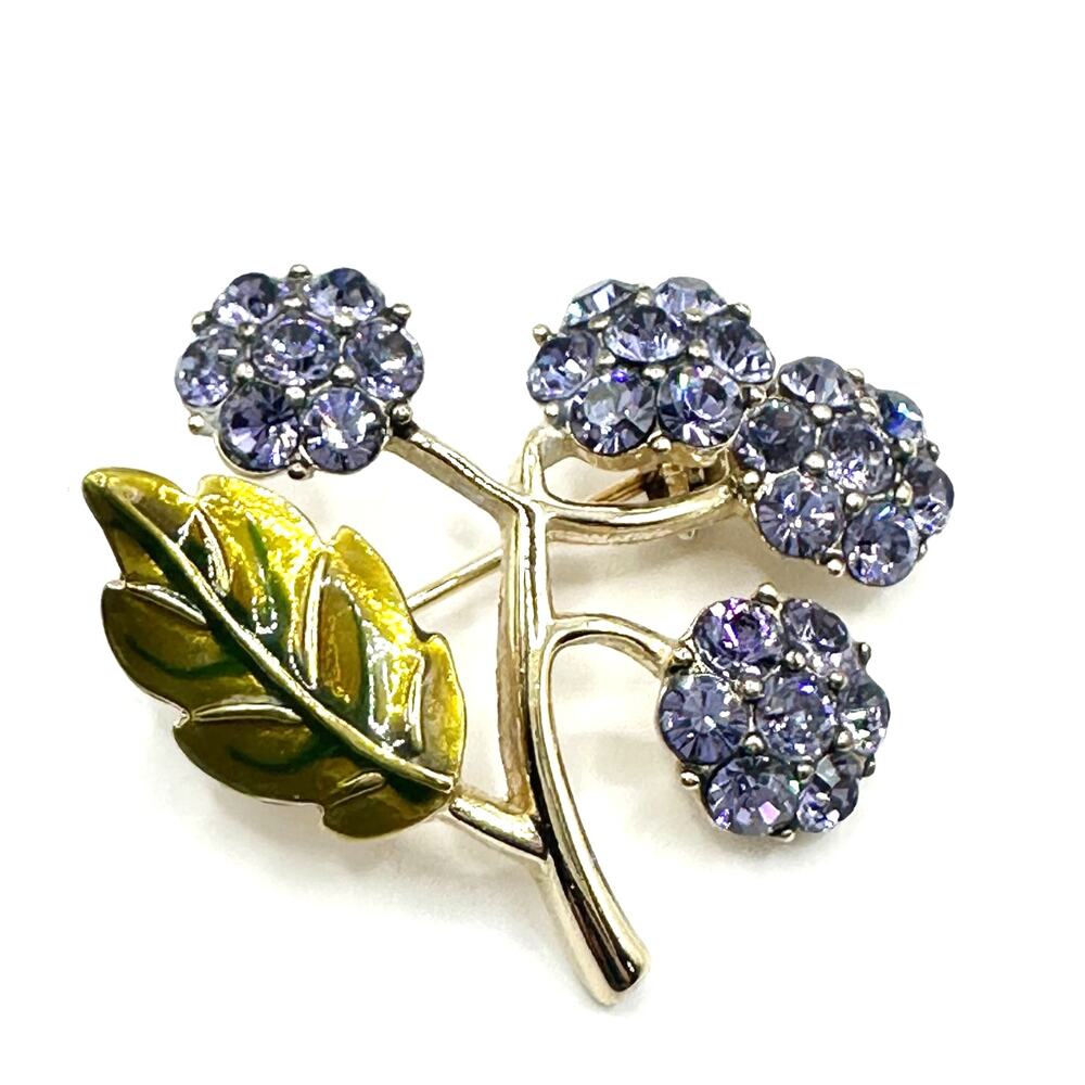 1960s MONET Violet Rhinestone Green Enamel Blooming Hydrangea Flower Brooch Pin